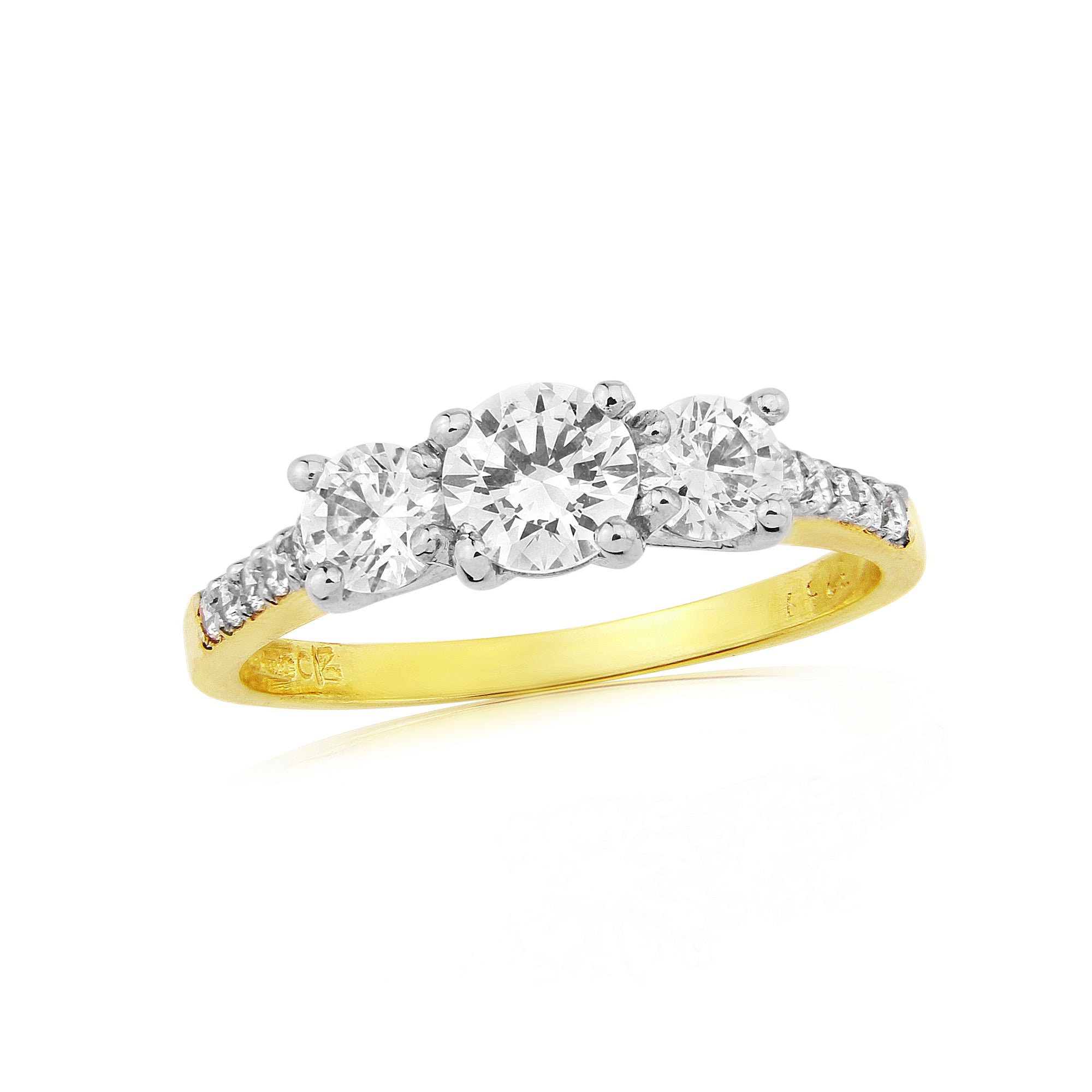 9ct Gold 3 stone CZ ring with cz set shoulders